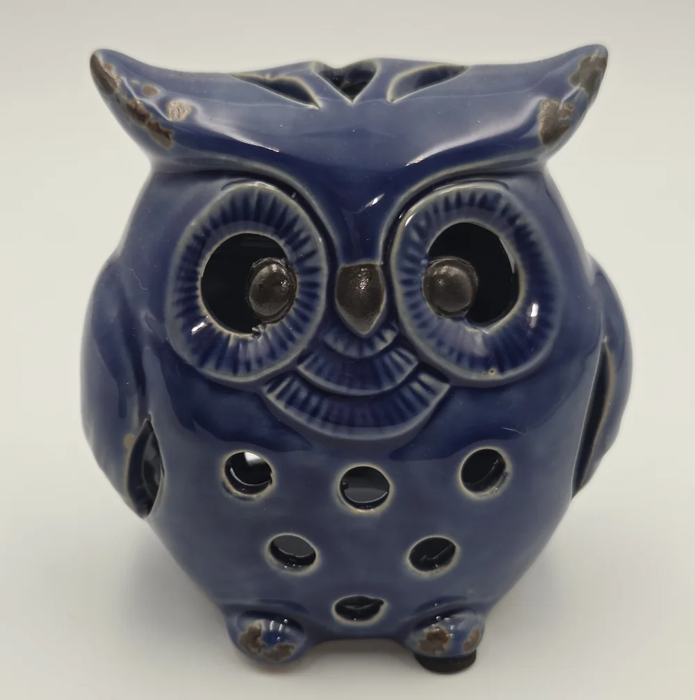 Owl Luminary Candle Votive MCM Stoneware Pottery Blue Decor Cut Outs 5